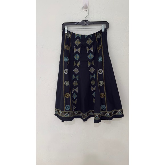 S.L.B. Navy Blue Embroidered Cotton Midi Skirt Geometric Boho Tribal Size 10 - Picture 3 of 7